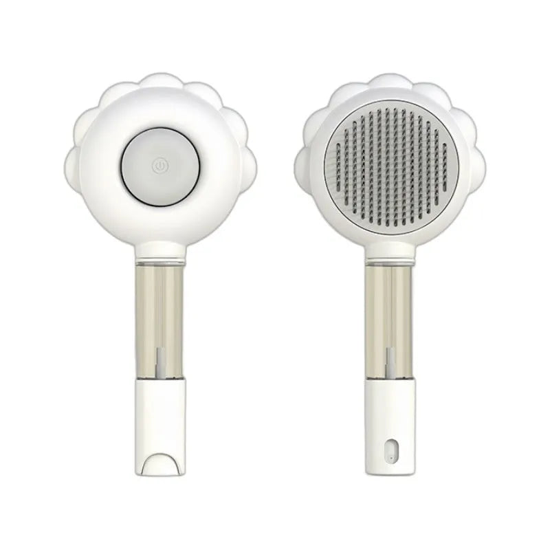 Self-cleaning pet grooming brush comb with spray function in green, white, and pink for cats and dogs