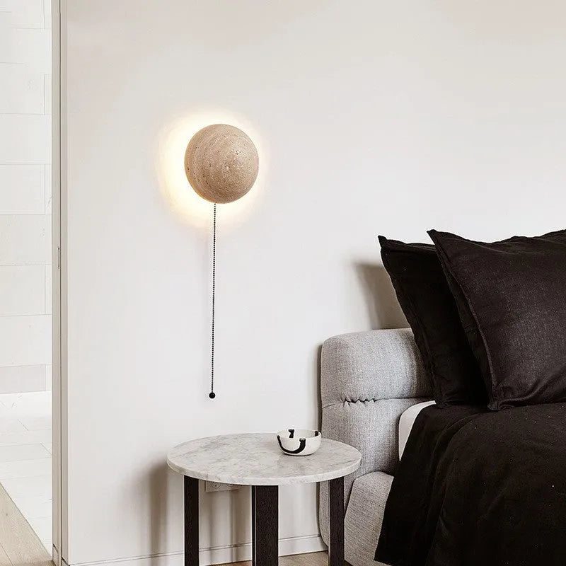 Yellow semicircular cave stone wall lamp with wood art base measuring 15cm in diameter