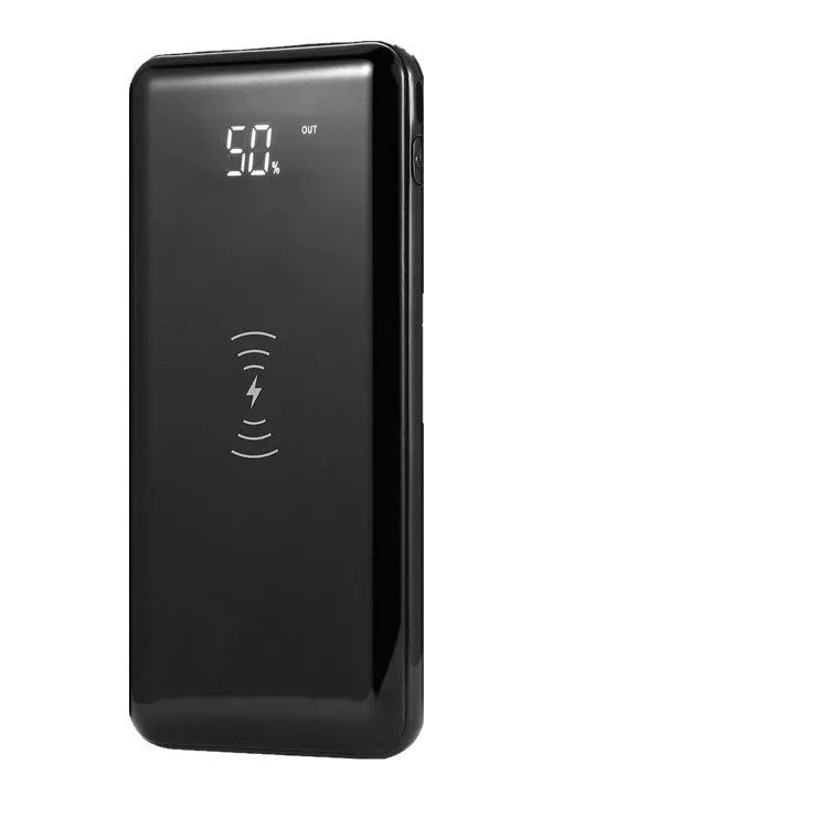 Multifunctional mirror wireless charger with silver mirror finish and built-in lithium battery on a wooden desk.