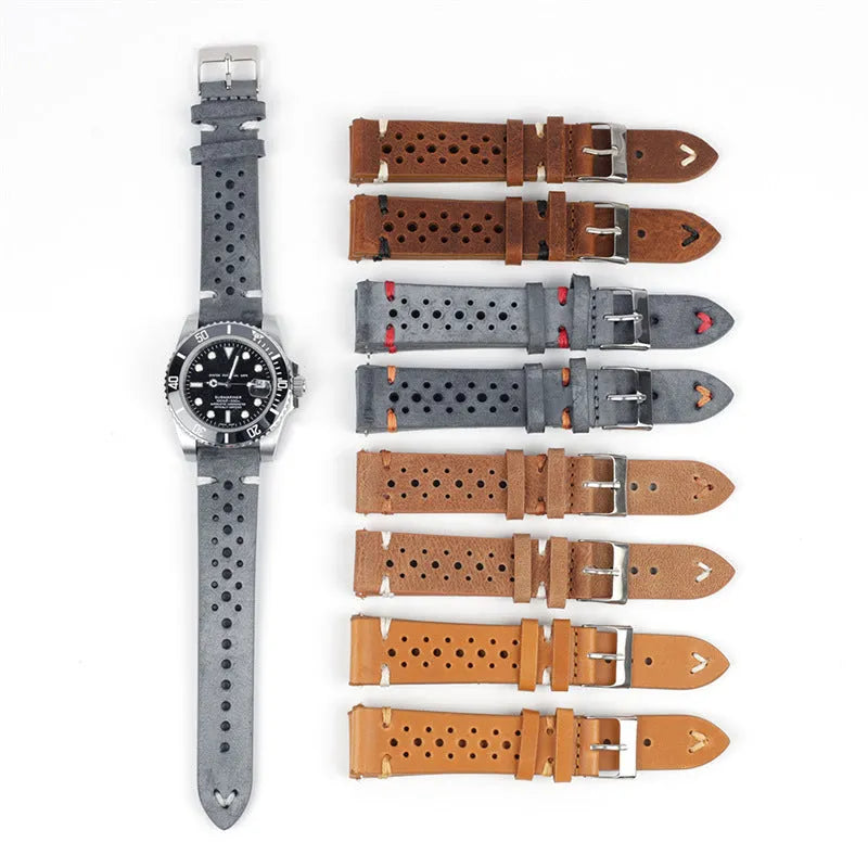 Handmade retro genuine leather watch band in brown with contrast stitching, size 22mm