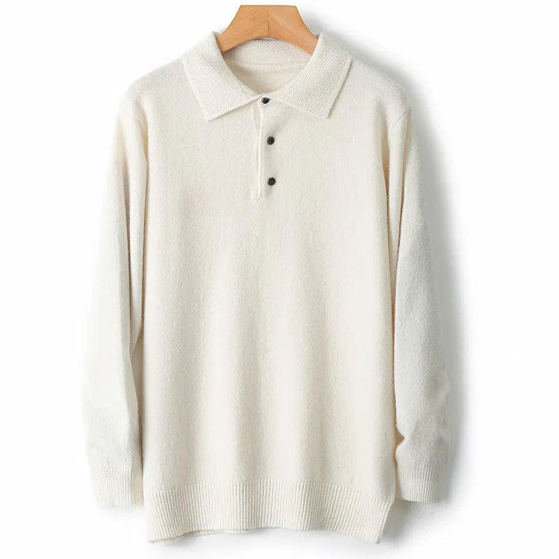Men's grey woolen pullover sweater with a polo collar, shown on a hanger.