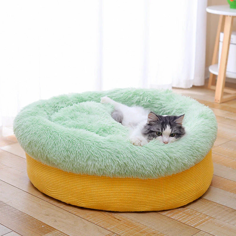 Plush pet bed in yellow pineapple design with soft, supportive cushion for comfortable deep sleep