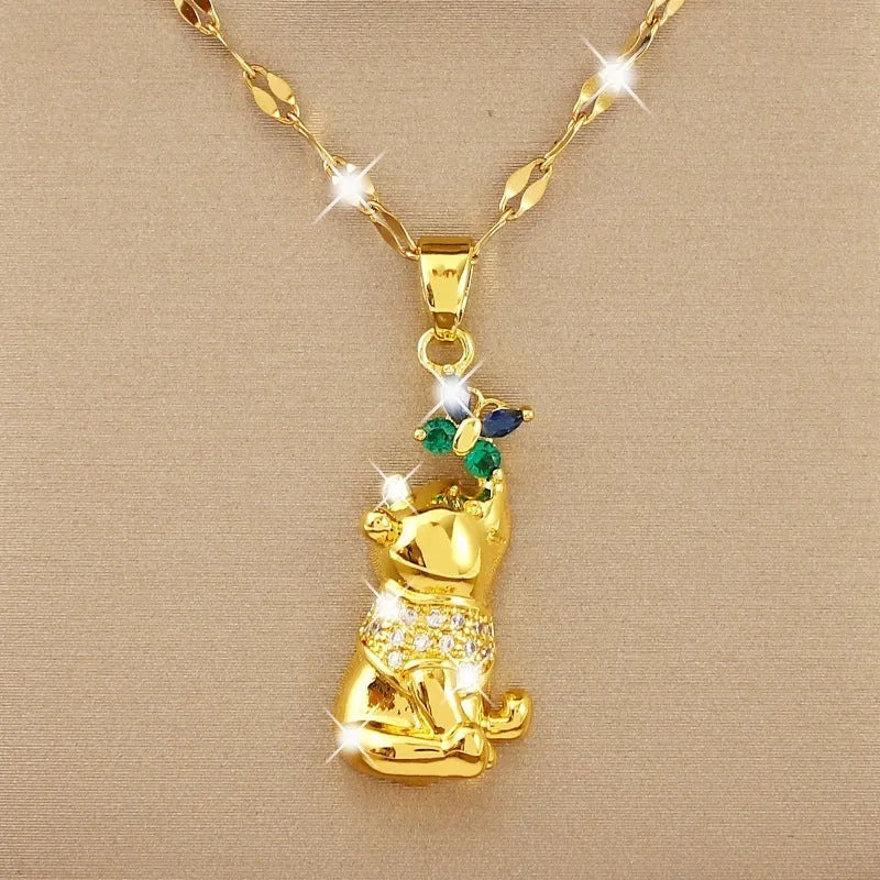 Gold copper necklace with heart pendant micro inlaid zircon bear butterfly design