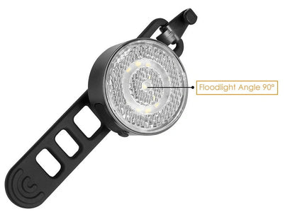 Bicycle LED headlight with clip attachment showing lens reflectors and USB port for charging