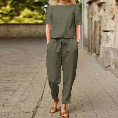 Women's cotton and linen wide-leg pants suit in khaki, red, army green, and blue