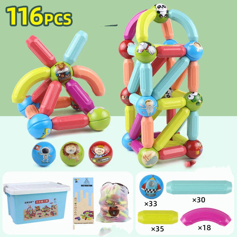 Magnetic building blocks and rods in various sizes and colors for creative play and early learning