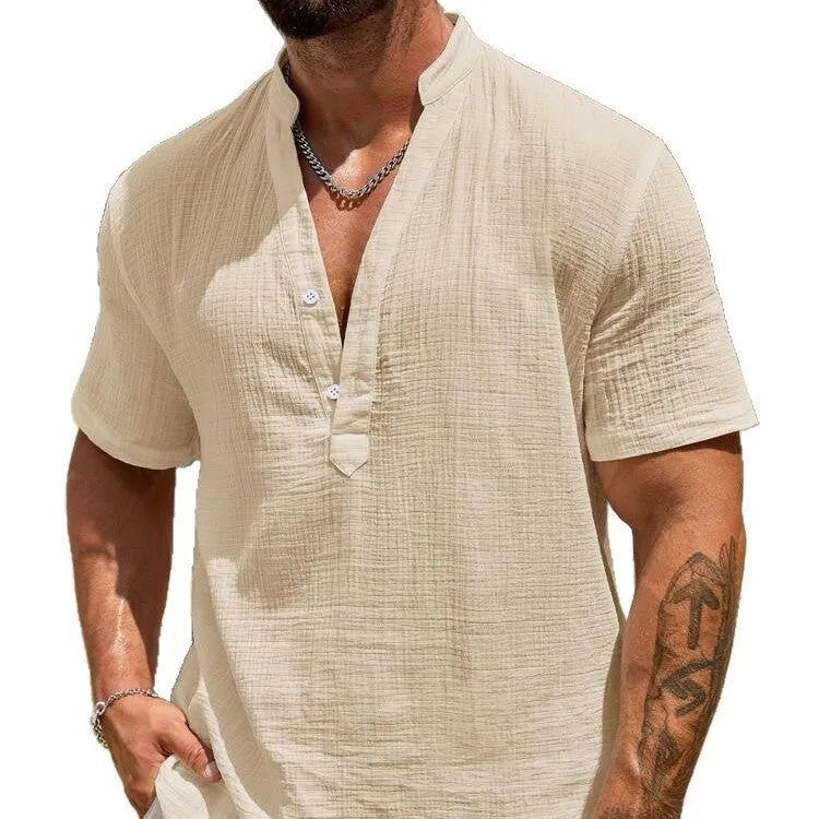 Men's solid colour short-sleeved shirt with a stand collar on a hanger.