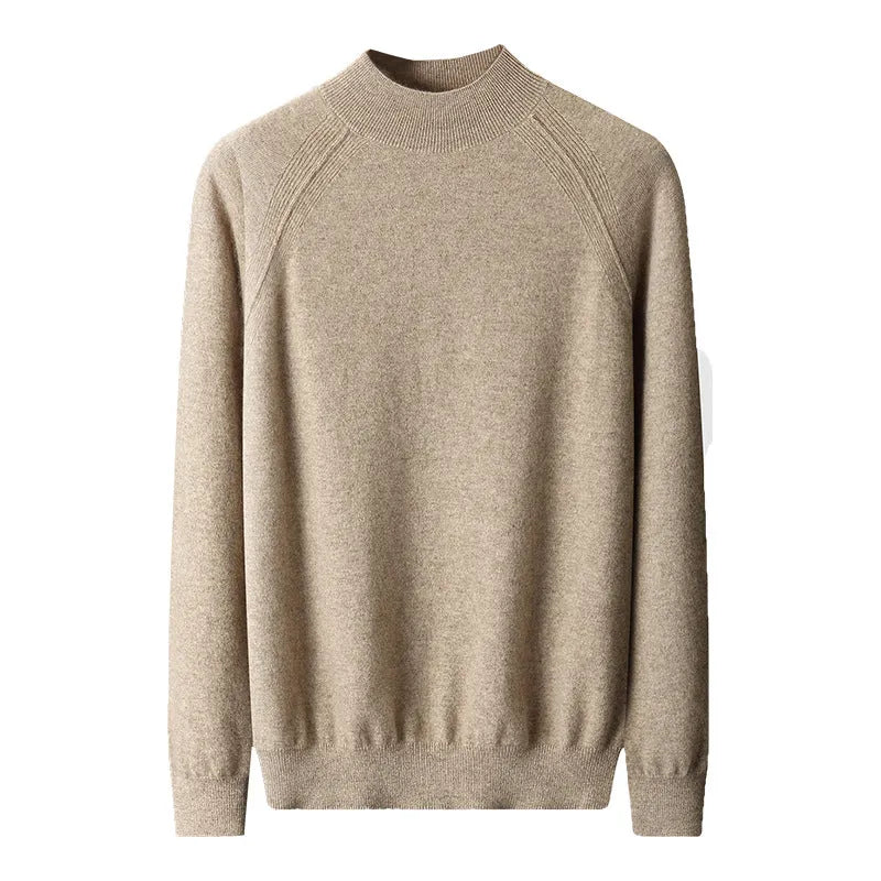Men's half turtleneck cashmere knitted raglan sleeve sweater in dark camel colour, loose fit pullover style