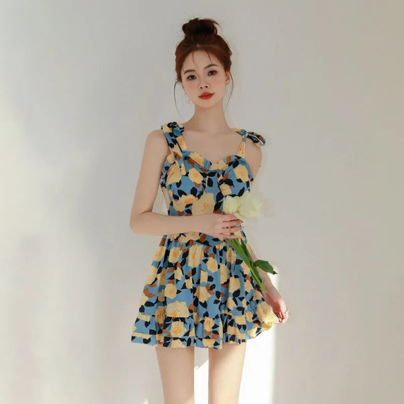 Women's high-waist one-piece swimsuit in oil blue solid colour, polyester with tummy coverage