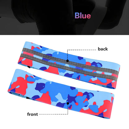 Camouflage anti-slip resistance band in blue, 67-88cm sizes for hip lift yoga training
