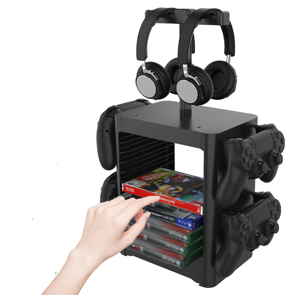 Black ABS game console storage rack with hanging hooks, headphone platform and drawer for controllers