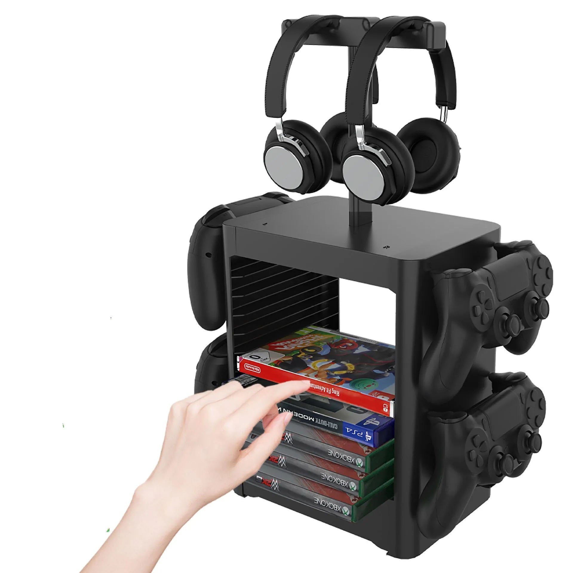 Black ABS game console storage rack with hanging hooks, headphone platform and drawer for controllers