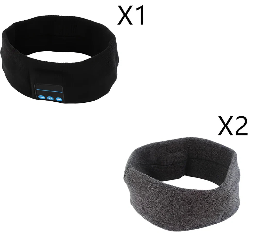Black Bluetooth sports headband with integrated audio controls and 110mAh battery for workouts