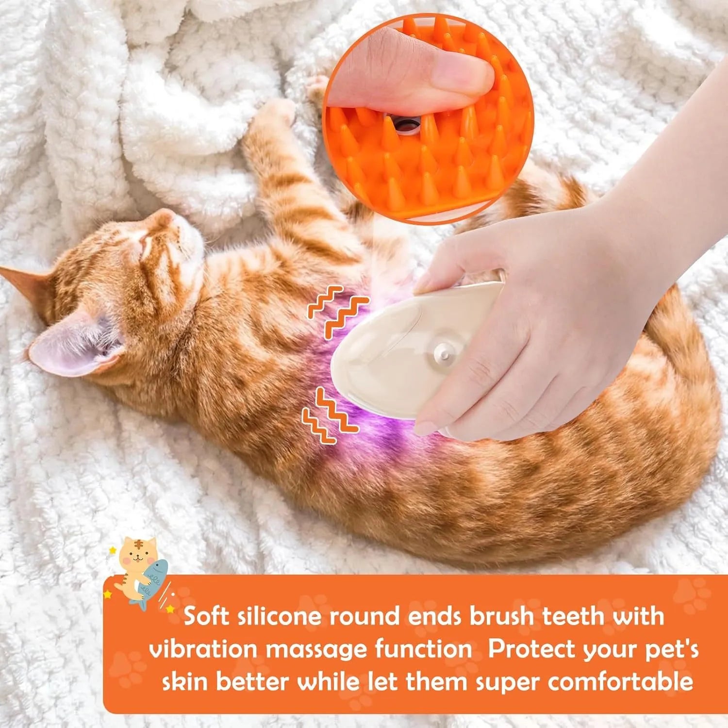 Yellow USB rechargeable cat brush steamer with water tank, silicone brush head, and UV detection light.