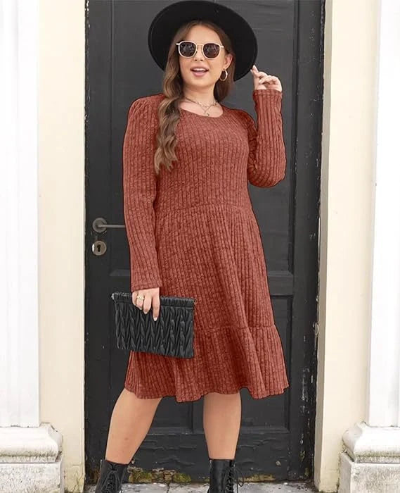 Solid colour round neck knitted dress sweater with long sleeves in various colours