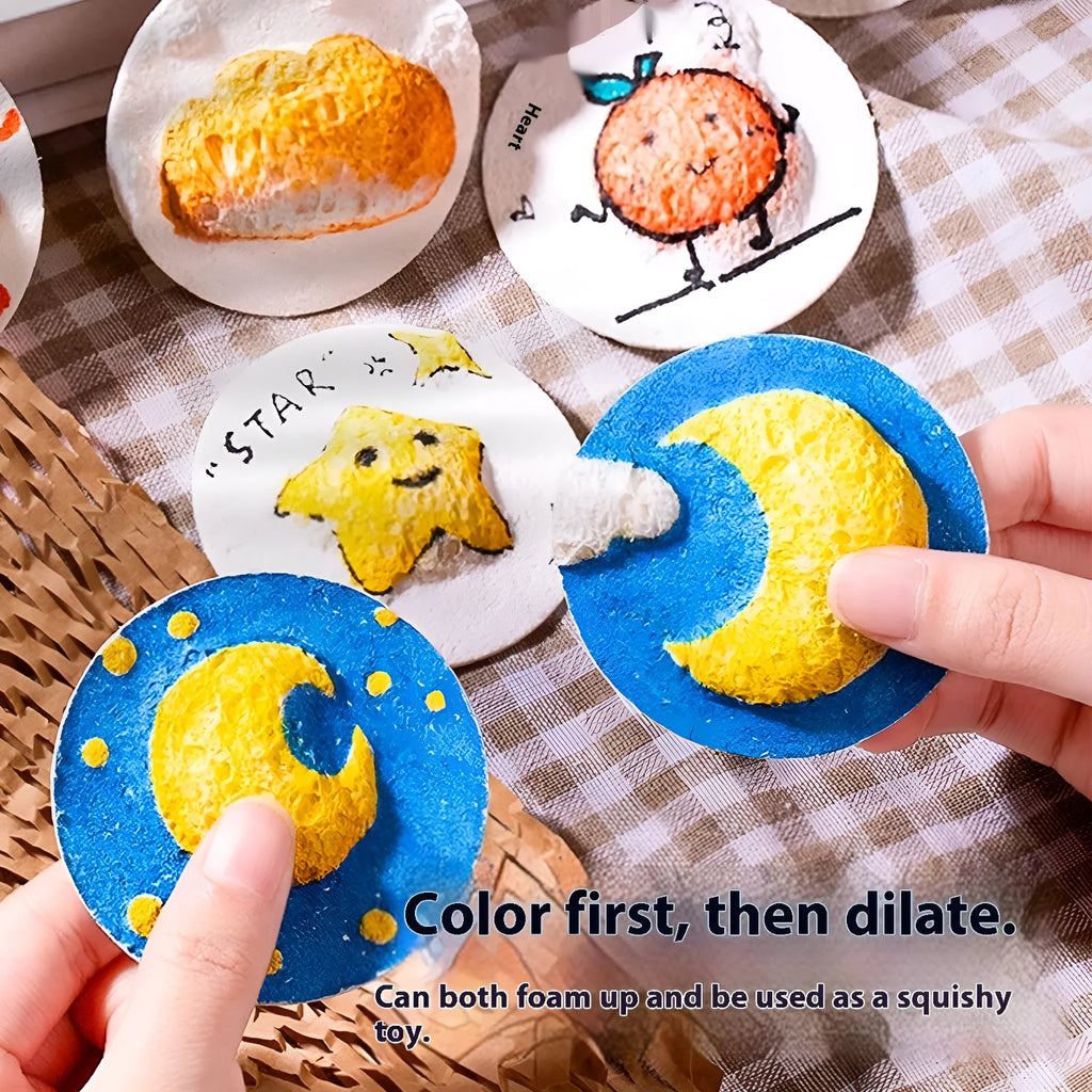 Cartoon wood pulp painting sponge set showing heart, round, and square blanks with six fountain pens for DIY crafting