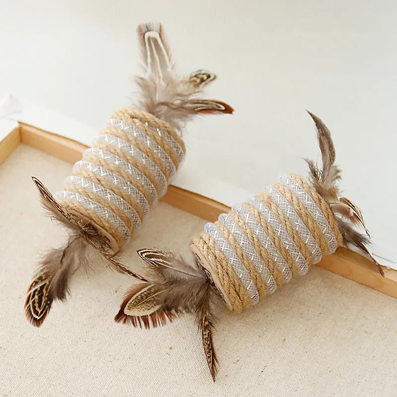 Beige cat toy with hemp rope scratching surface, attached feathers, and a roller for claw grinding.