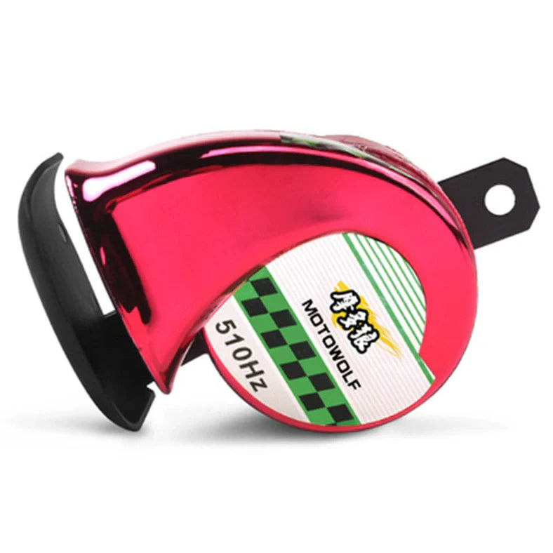 12V motorcycle horn in black measuring 12.7x8.1cm with 110dB output