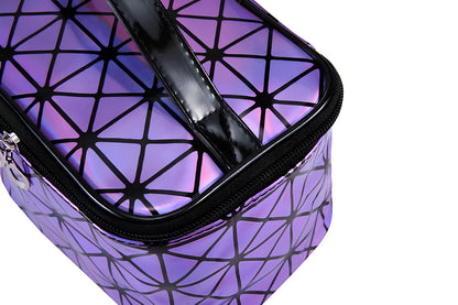 3D laser engraved cosmetic bag in blue, 19cm x 12cm x 13cm, with structured compartments for makeup storage