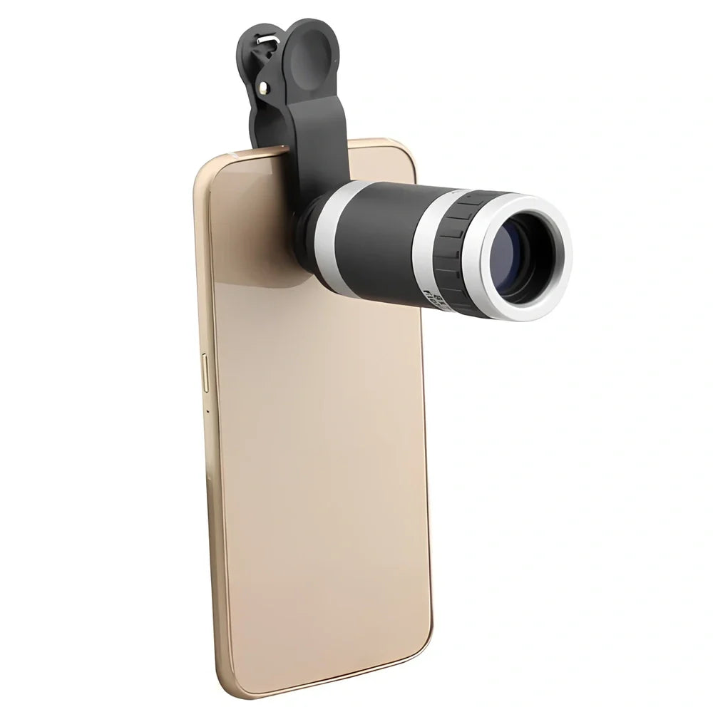 Silver 8x optical telescopic lens for phones, 1.2x7 inches, clips on for 240-yard magnification views