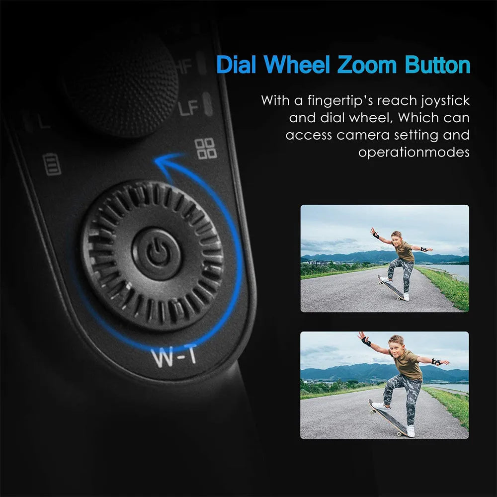 Black three-axis handheld gimbal stabilizer for mobile phones showing dimensions and construction