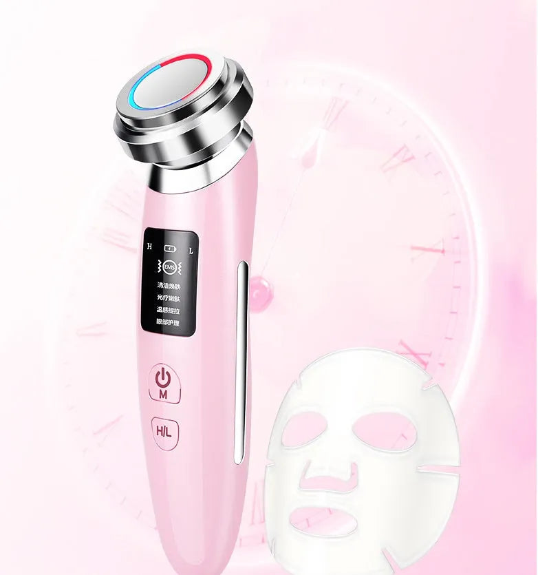 Pink handheld facial cleansing and rejuvenation beauty instrument with micro-current technology