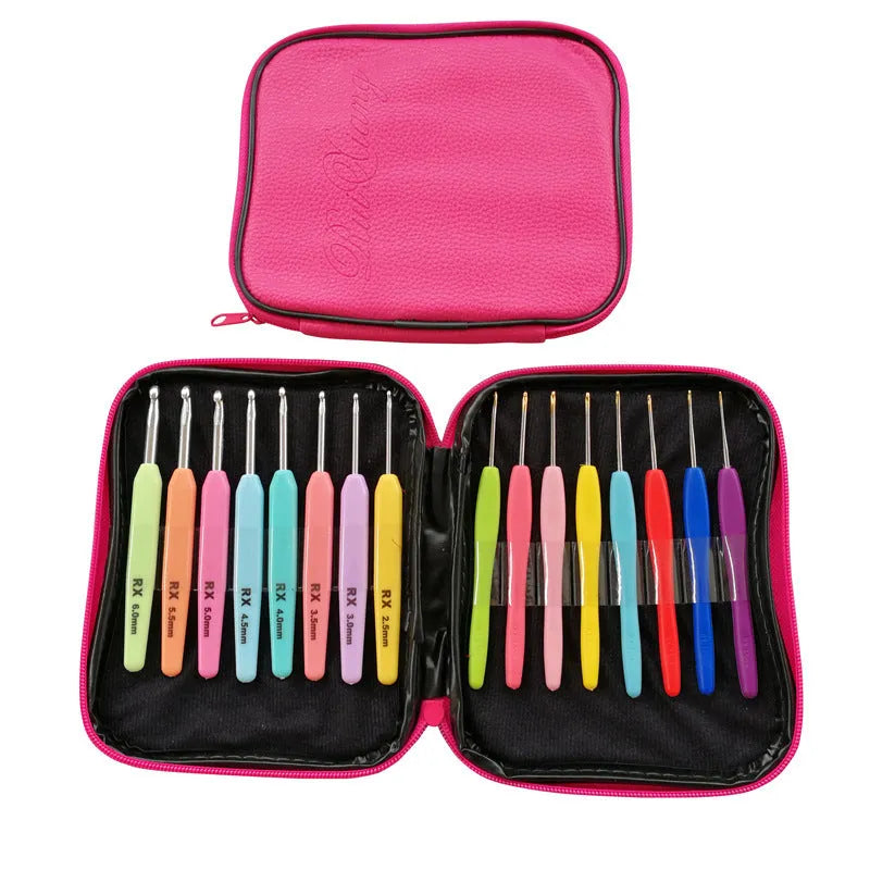 Complete 16-piece crochet hook set with soft and hard handles in a PU storage bag