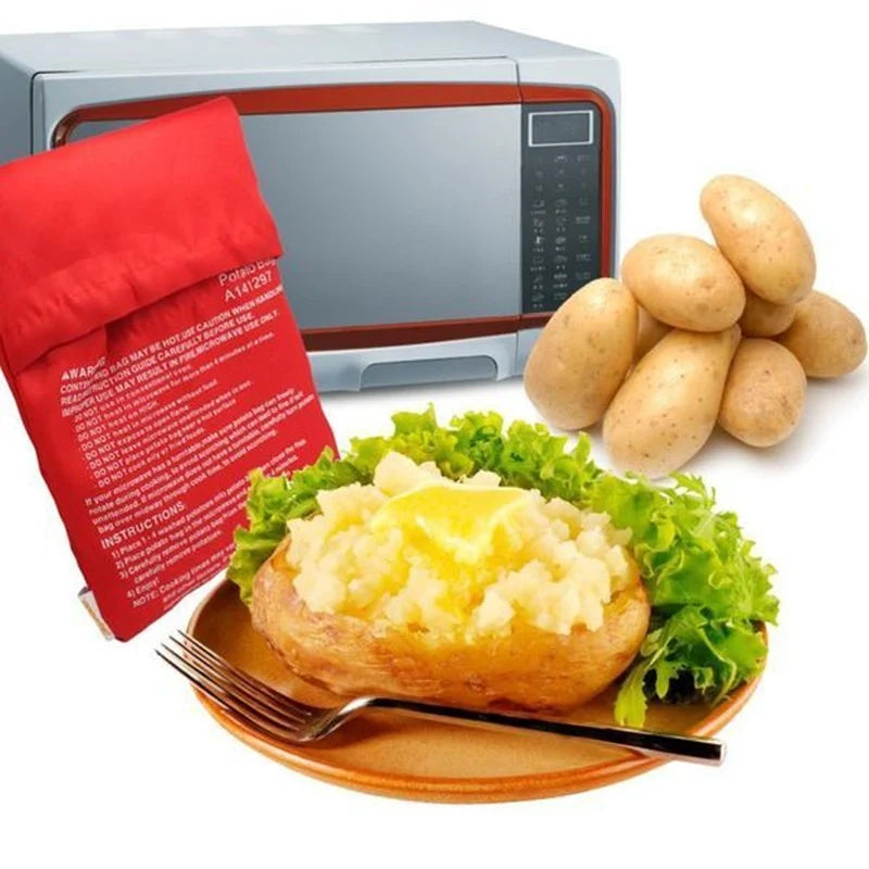 Red microwave cooker bag for quick and easy potato cooking