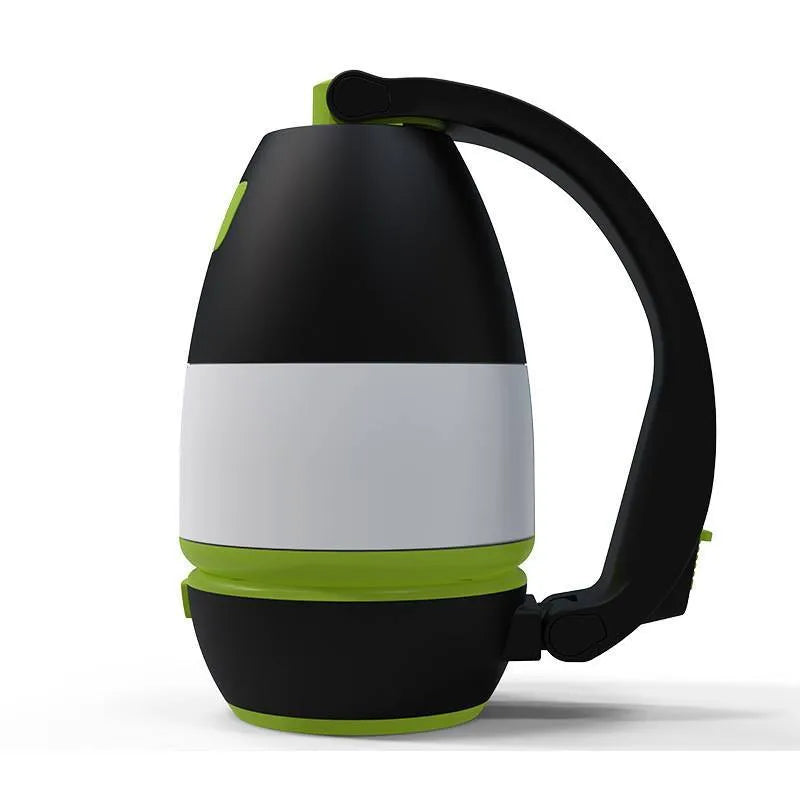 Black green multifunctional LED table lamp showing adjustable head and USB charging port.