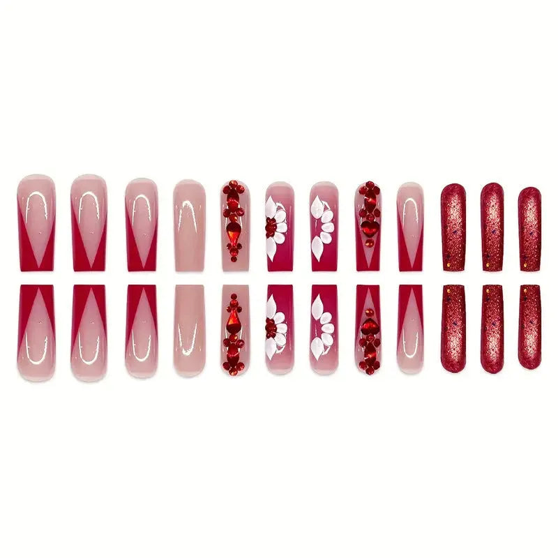 Sweet Flowers pattern fake nails with red diamond accents, European square long shape