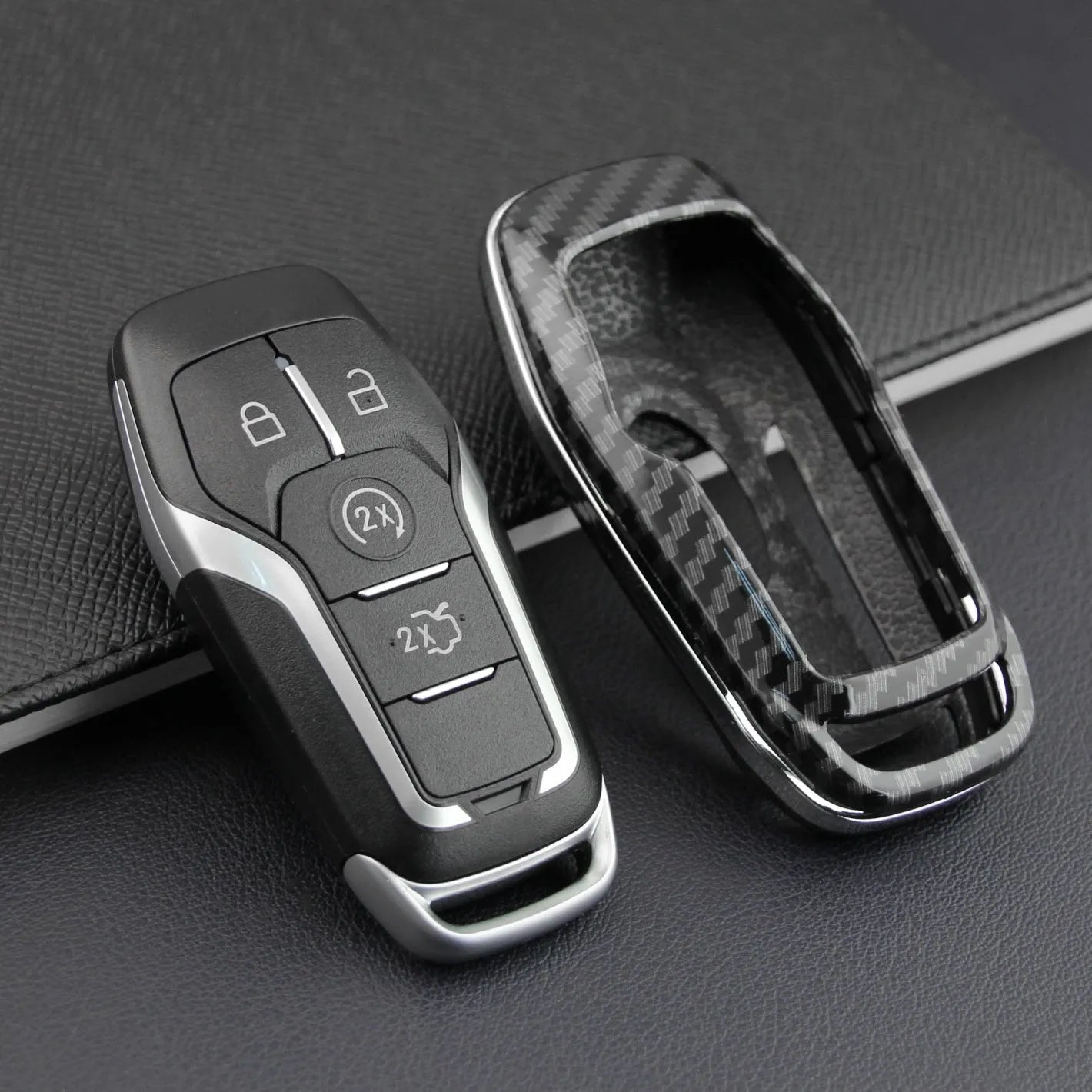 Plastic car key remote protective shell shown in single shell and buckled styles.