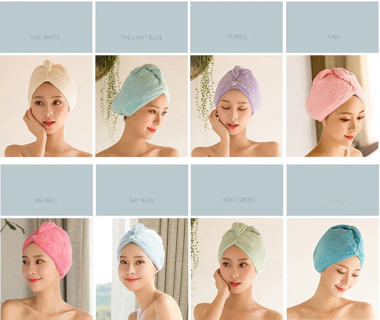 Absorbent microfiber hair turban in various vibrant colours, designed for fast and convenient drying