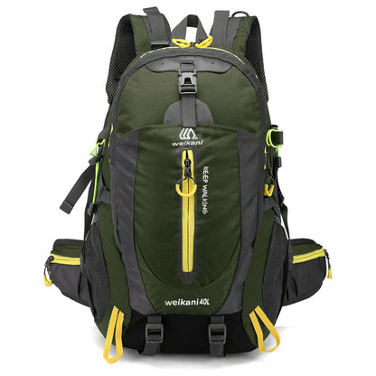 Green 40L hiking backpack with adjustable chest strap and multiple compartments for outdoor sports