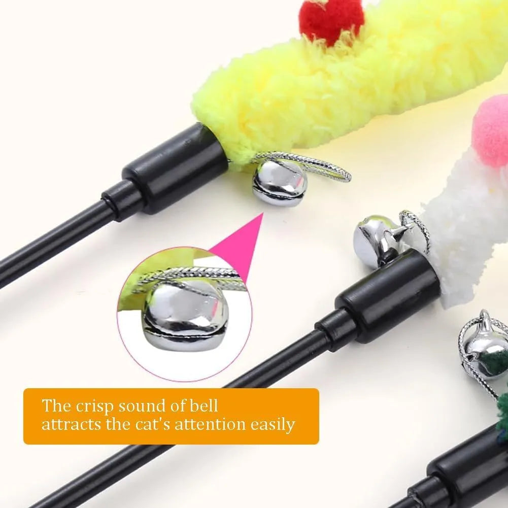 Cat teaser wand with long plush strip and colourful ball with bells for interactive indoor play