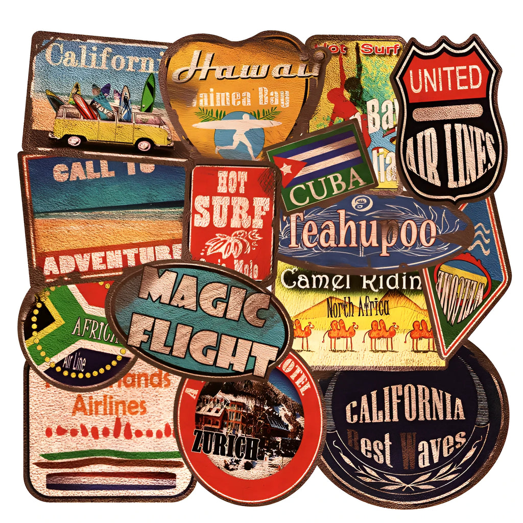 36 piece retro beach sticker set showing large surf and travel themed designs on PVC with matte finish