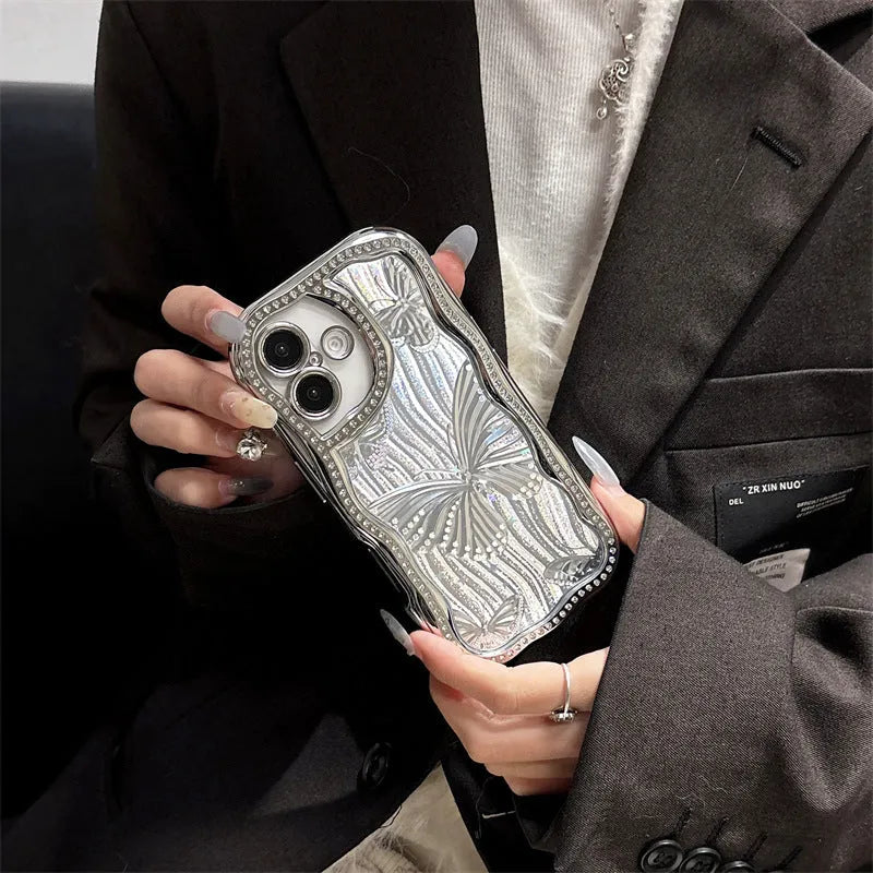Cream epoxy electroplating diamond edge phone case with laser butterfly design for iPhone