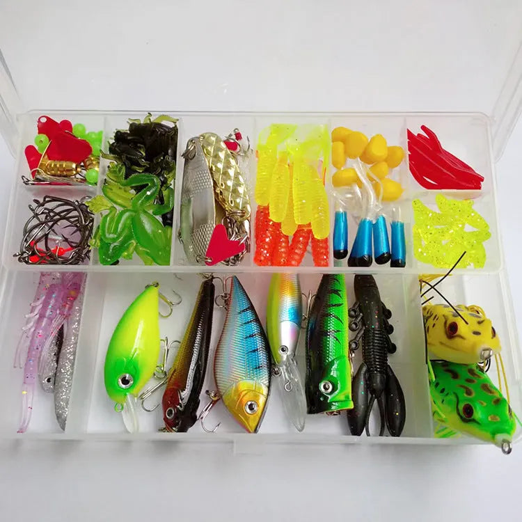 142-piece fishing lure set showing metal hard minnows, plastic sequin baits, and fishing pliers