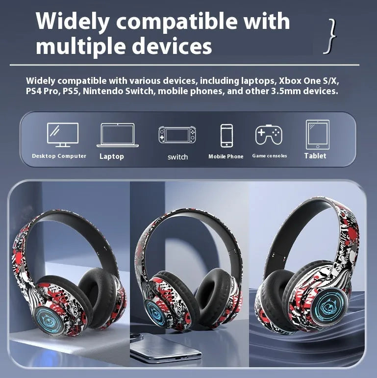 Bluetooth headset folding card design in graffiti black with breathing light, PC ABS material, for gaming and music