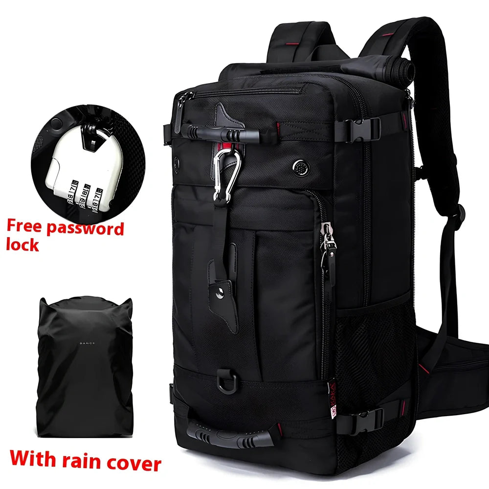Multifunctional travel bag with multiple compartments in black, green, or blue colours showing 40L and 50L size options