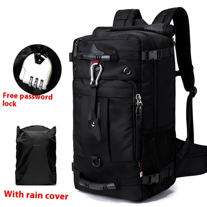 Multifunctional travel bag with multiple compartments in black, green, or blue colours showing 40L and 50L size options