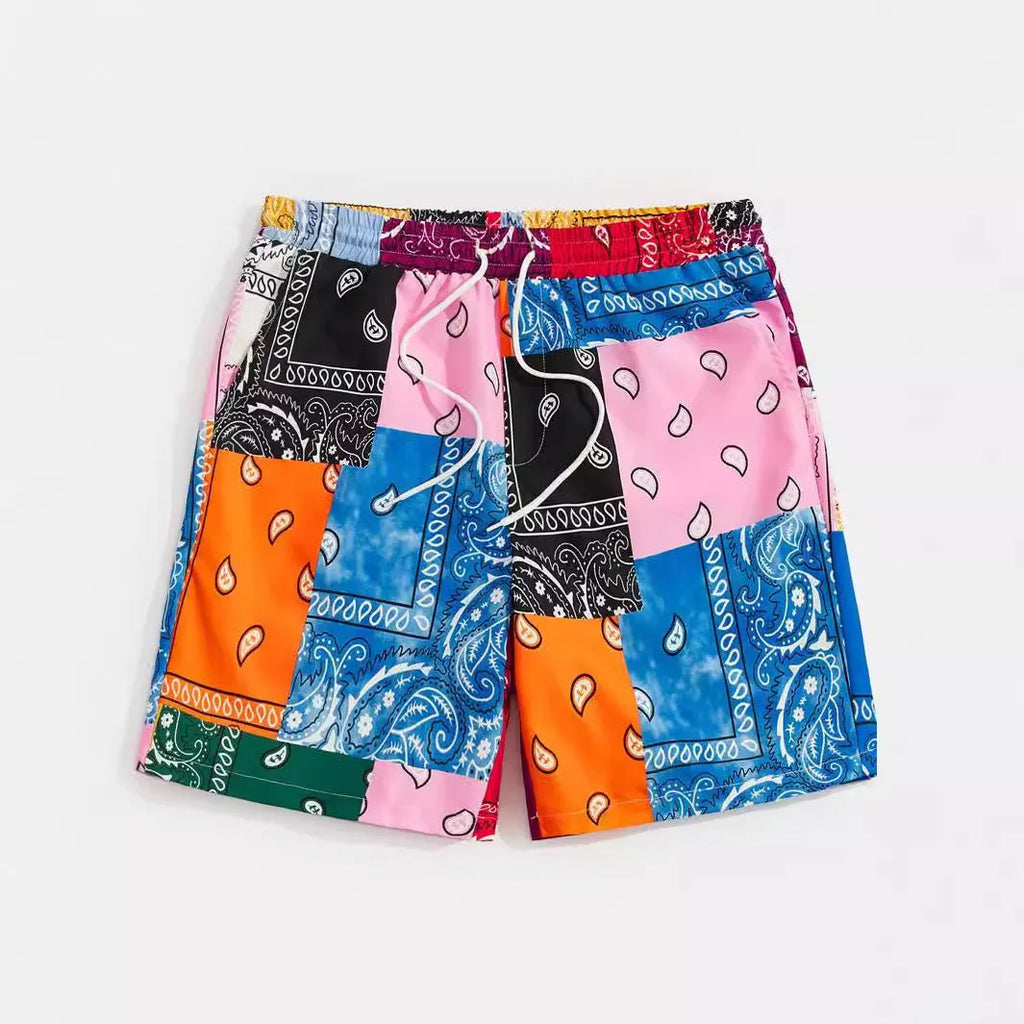 Men's thin polyester mesh beach shorts in various colours, showing simple printed design