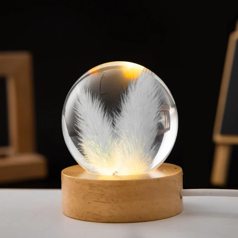 LED Night Light Flower Crystal Ball with wooden base, perfect for children's bedrooms