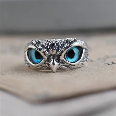 Vintage demon eye owl ring in sterling silver with adjustable opening
