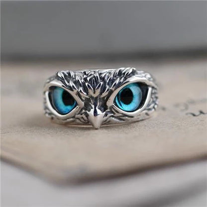 Vintage demon eye owl ring in sterling silver with adjustable opening