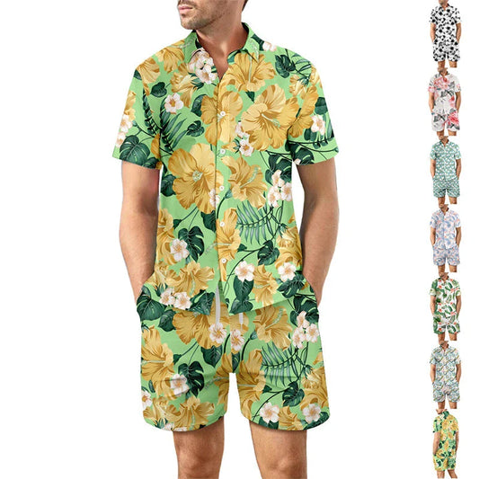 Stylish printed shirt and drawstring shorts set for men's casual beach vacation outfit