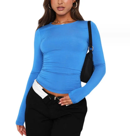 Women's slim-fit long-sleeved pullover top in solid colours