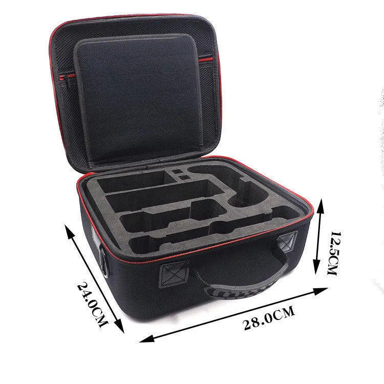 Black EVA hard case game console accessory storage bag shown with two size options.