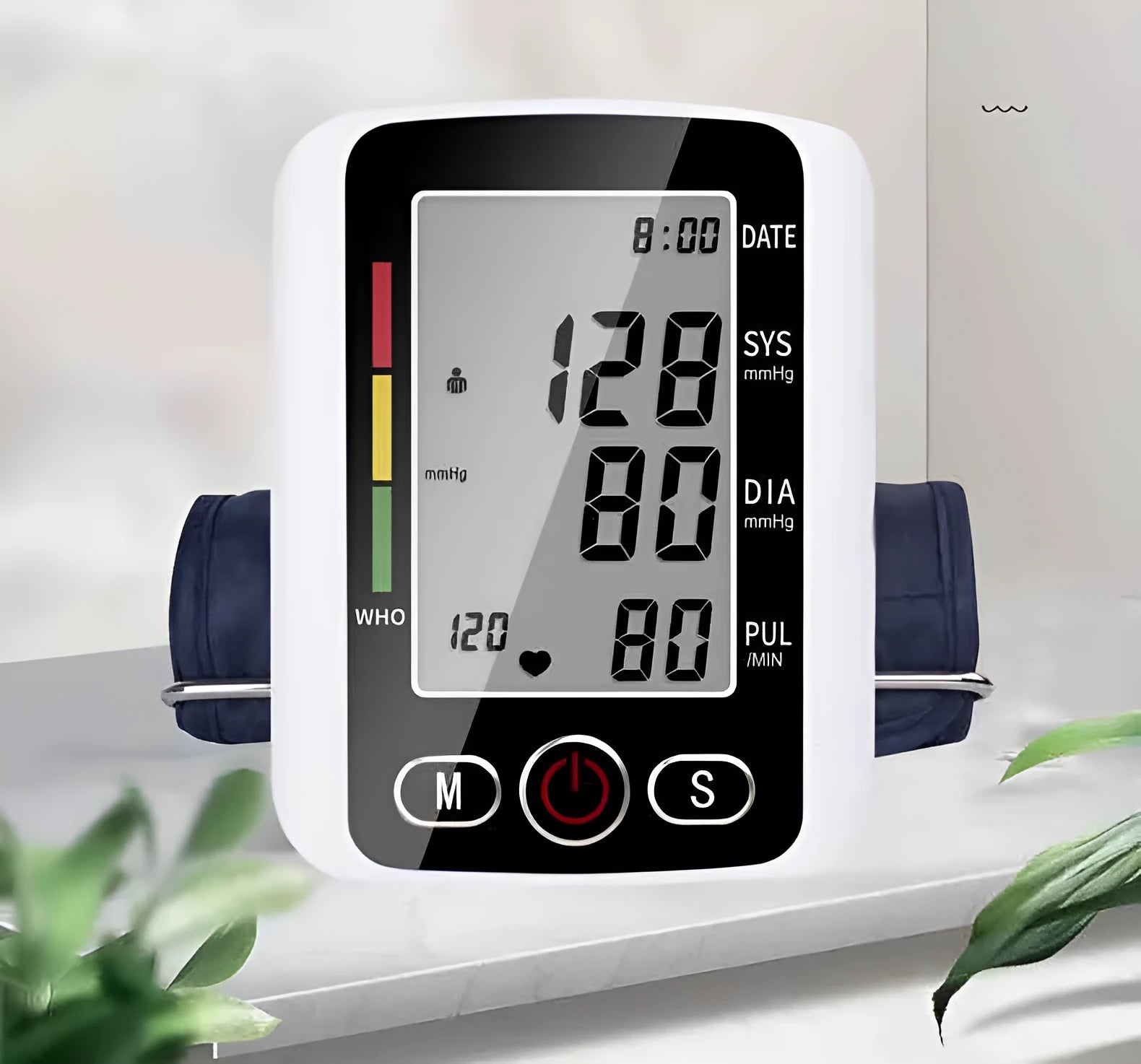 Automatic arm electronic blood pressure monitor with large screen on grey background.