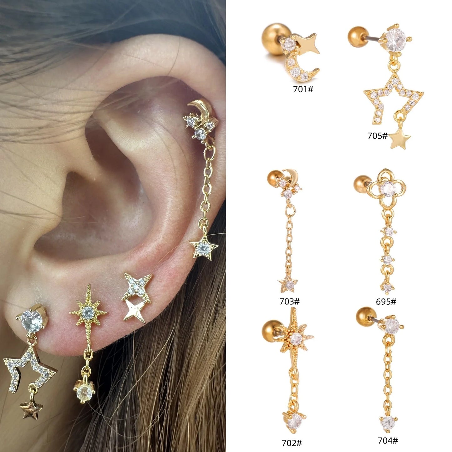 Star and moon cubic zirconia stainless steel cartilage earring in gold and white K options