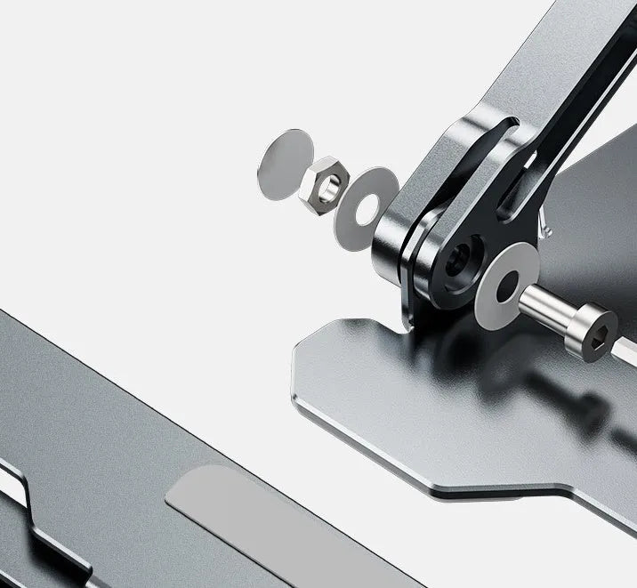 Grey aluminium laptop stand with adjustable angle, shown folded and unfolded next to a laptop.